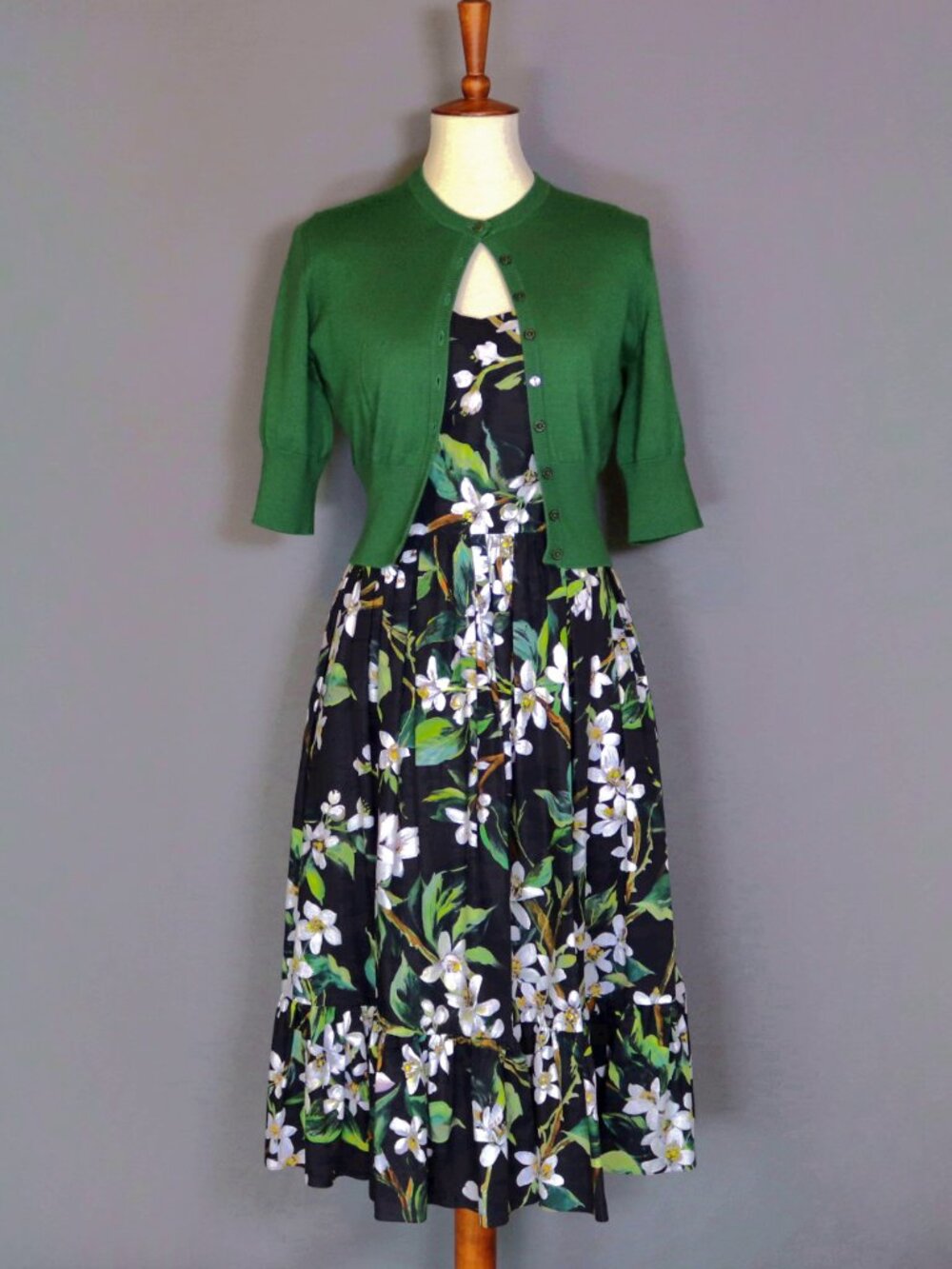 Dolce & Gabbana Size 44 Dress Black Green Floral Orange Blossom Midi Dress - Picture 15 of 16